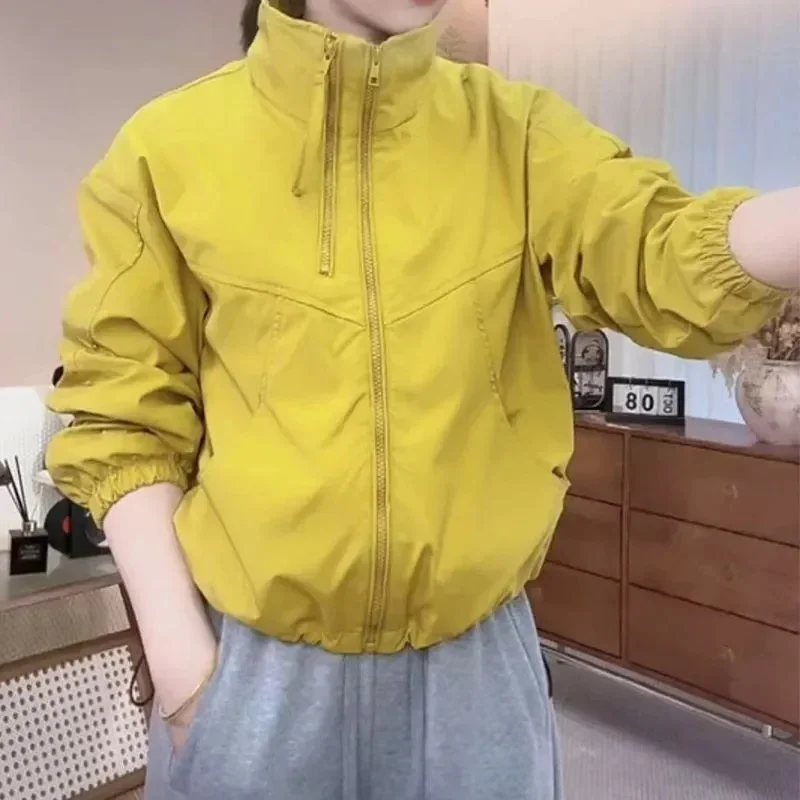 

Autumn Femme Zipper Short Retro Women Fashion Long Sleeves Stormtrooper Lady Solid Color Loose Stand-up Collar Top