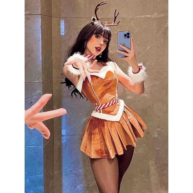 Christmas Costume Sexy Elk Deer Dress Pure And Sexy Hot Girl Neck Dress 2022 Christmas Pleated Skirt Sexy Christmas Dress