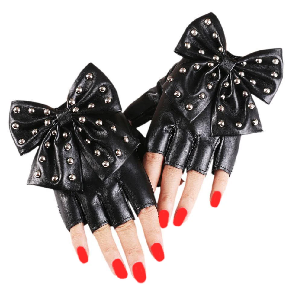 Moda Fingerless Cosplay PU Leather Gloves Big Bow Rivet Sexy Disco Dancing Rock And Roll Black Punk Show Half Finger Mittens