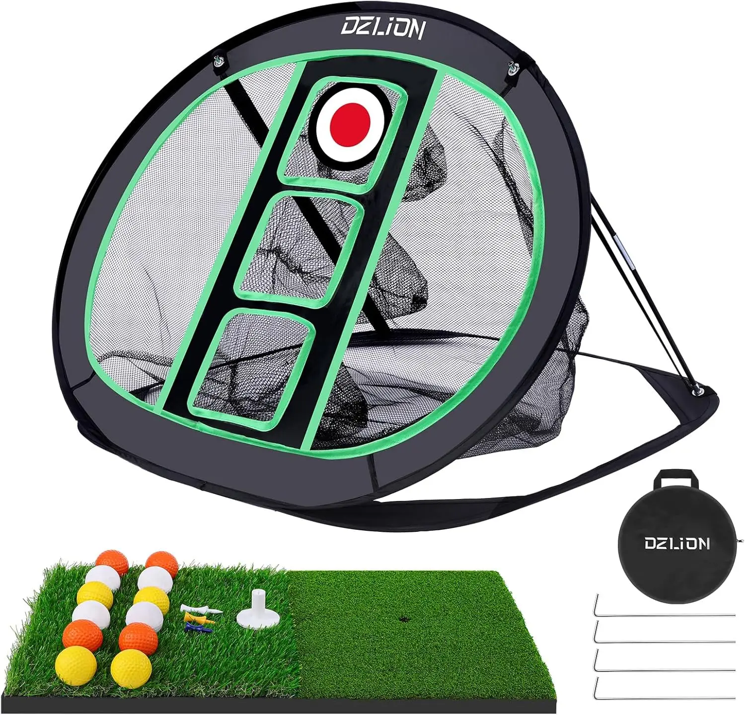

Golf Chipping Net and Mat Set - Pop Up Foldable Indoor Training Target with 3 Pockets, 2 Hitting Mats, 12 Practice Balls - Gifts