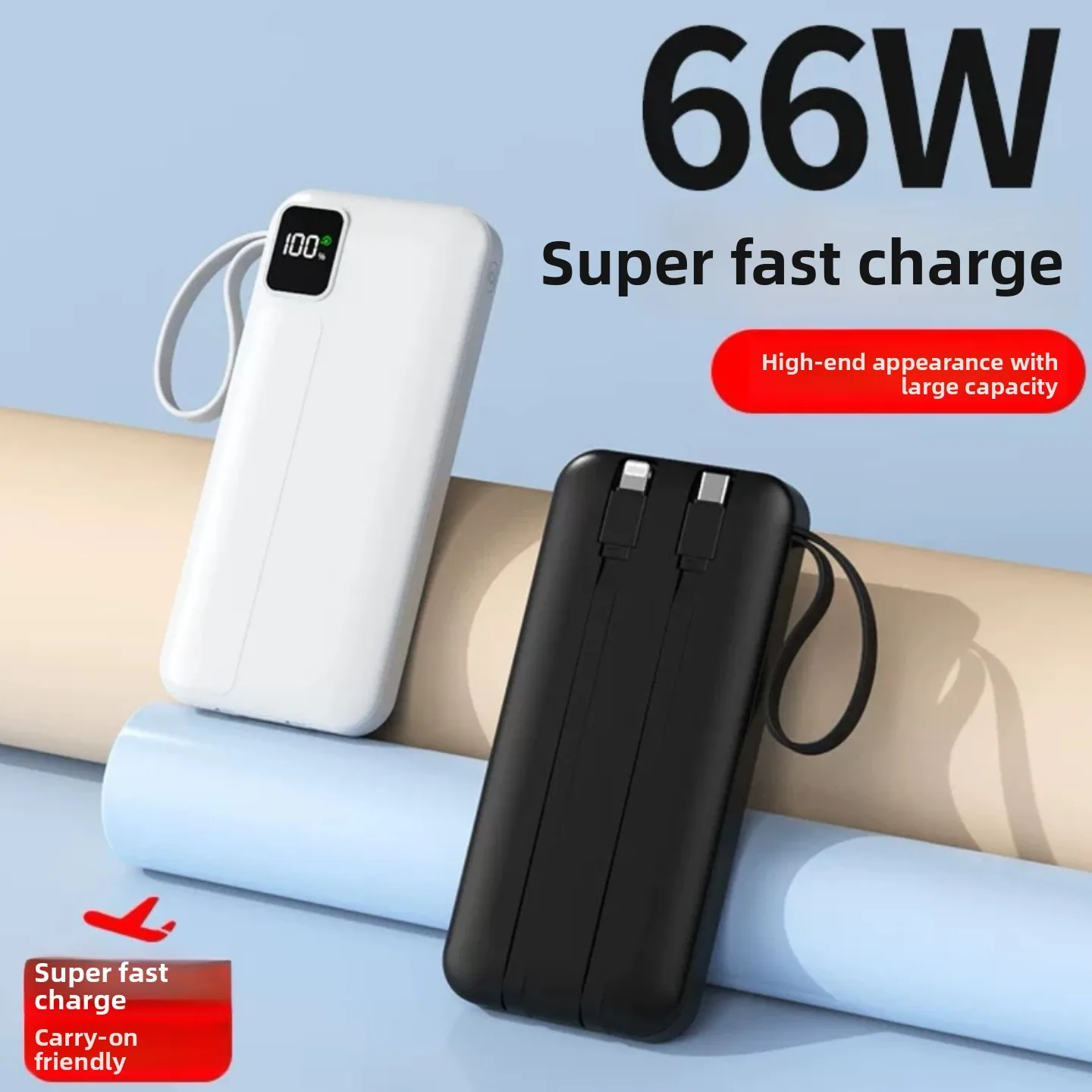 

66W Fast Charging 10000mAh Mini Power Bank Built-in Cable Ultra Slim Portable External Battery for Smartphones