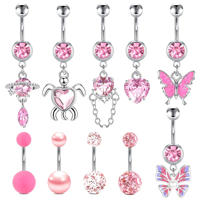 Stainless Steel Pink Dot Drill Navel Ring Nail Butterfly Zircon Simple Navel Buckle Piercing Ornament