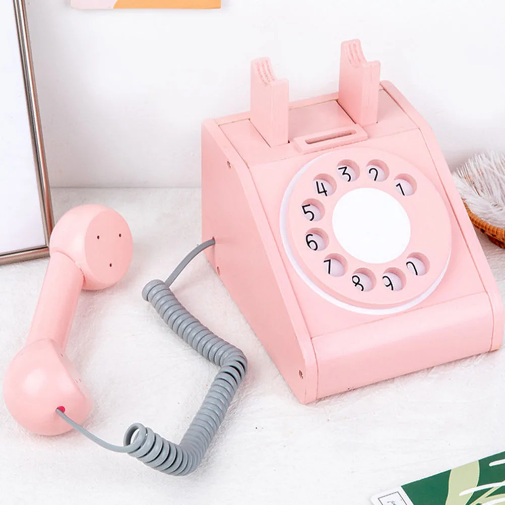 

Wooden Telephone Toy Kids Pink Retro Puzzle Phone Decorative Child Educational Plaything Hand Brain Development
