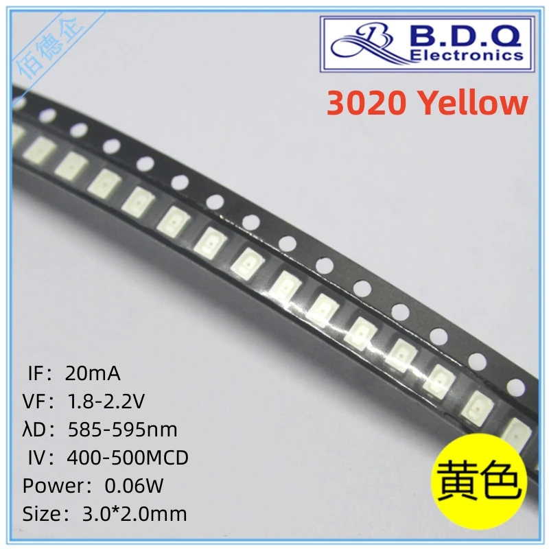 100 Buah SMD LED 3020 Kuning 585-595nm Manik-manik Lampu LED Ukuran 3020 Dioda Pemancar Cahaya Kualitas Terang Tinggi