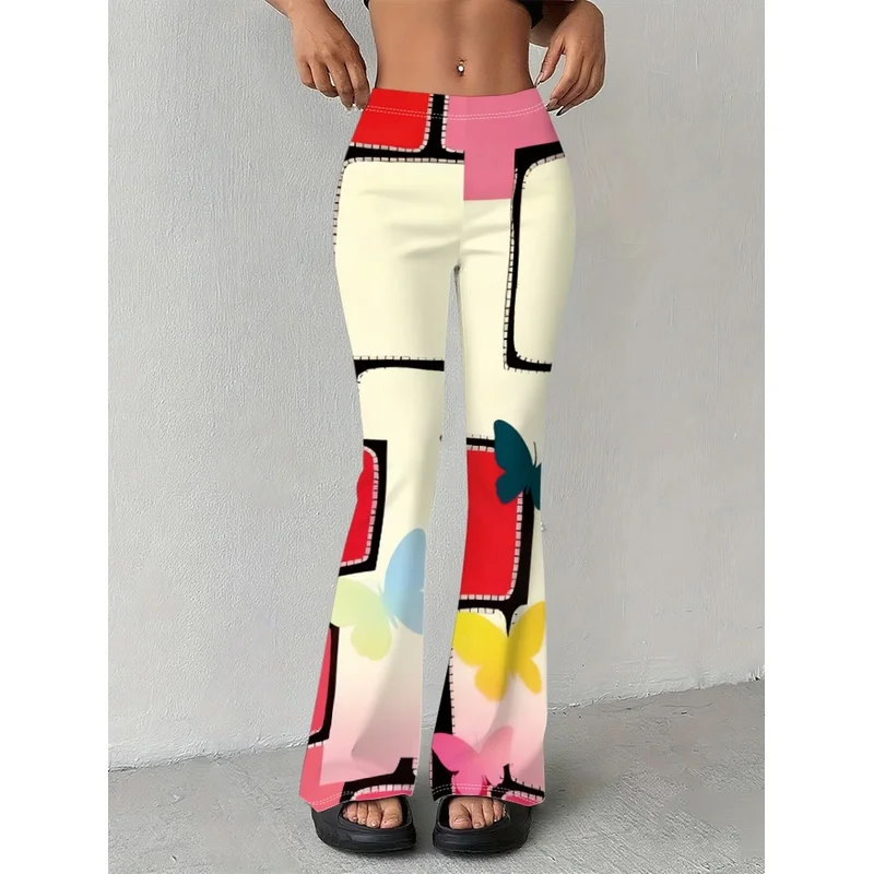 Square-patterned striped printed flared pants, suitable for daily casual wear of teenagers aged 7 to 16.