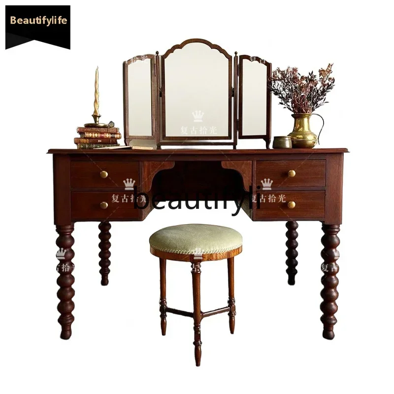 A32 Solid Wood Dressing Table American Retro Makeup Table Home Bedroom Dressing Table with Mirror