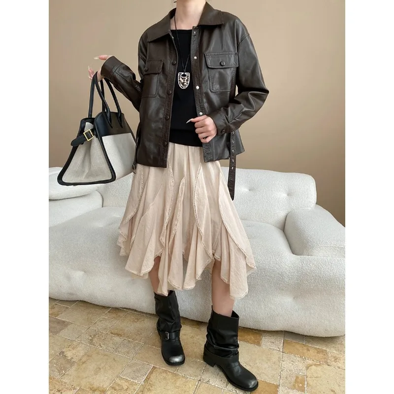 Women Skirts Solid Skirt Lace Spliced Asymmetrical Elastic Empire Waist Mid Calf Length Loose Fit Casual Office Lady 2026 Autumn