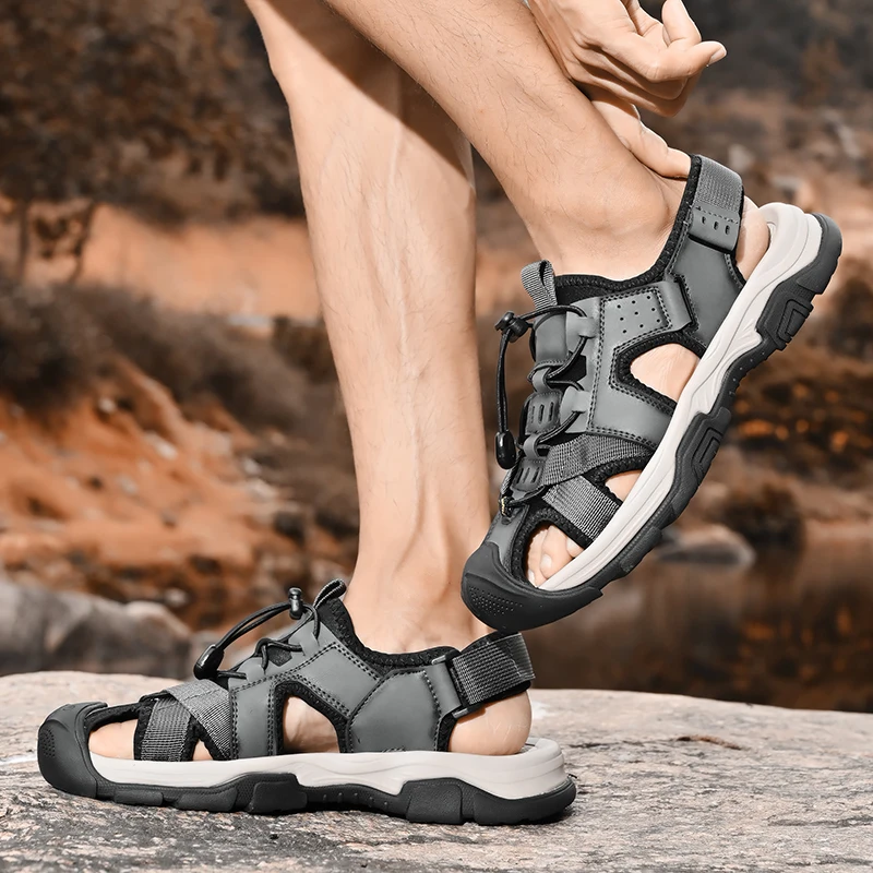 Summer Genuine Leather Beach Sandals Men Outdoor Breathable Casual Sneakers Male Non-Slip Protect Toes Trekking Climbing Shoes