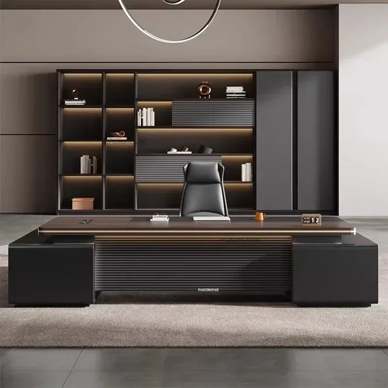 Modern Wooden Boss Office Desks Light Luxury Office Furniture Design with Storage Cabinet Study Desk Commercial President Desk