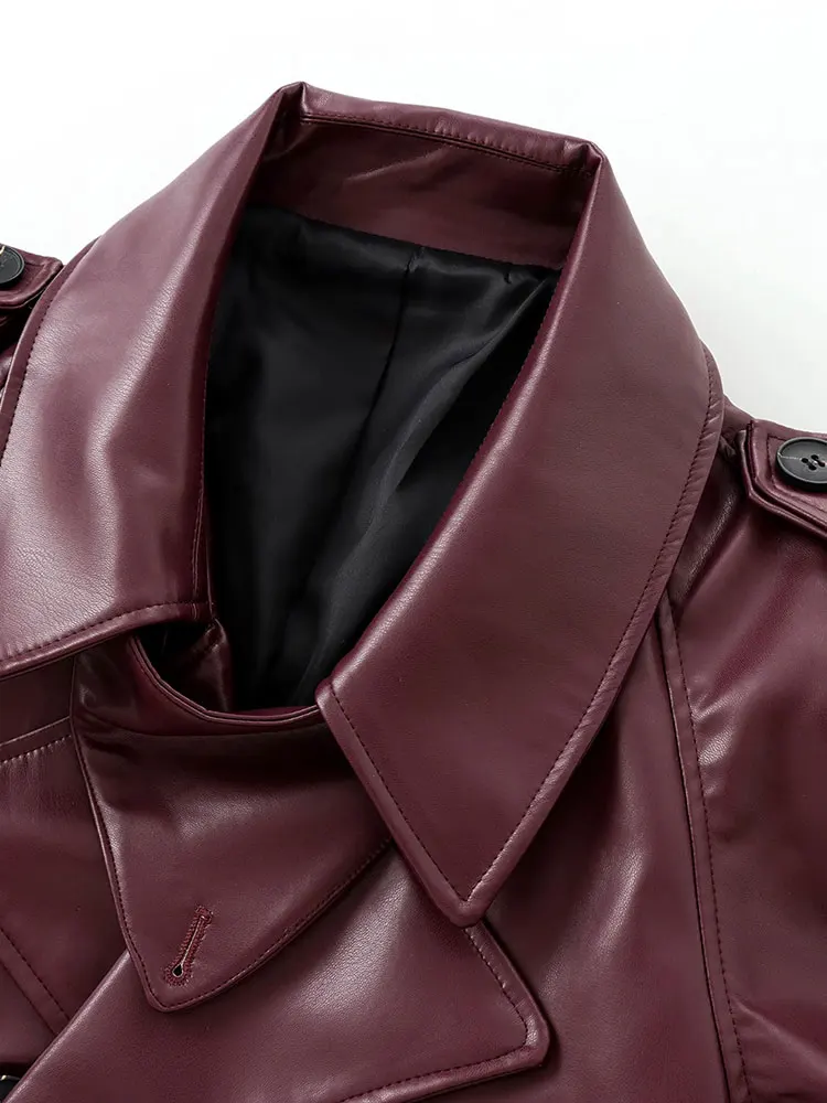 TRAF 2024 Autumn Faux PU Leather Women Motorcycle Jackets With Belt Lapel Loose Coat Female Crop Top Y2K Jacket