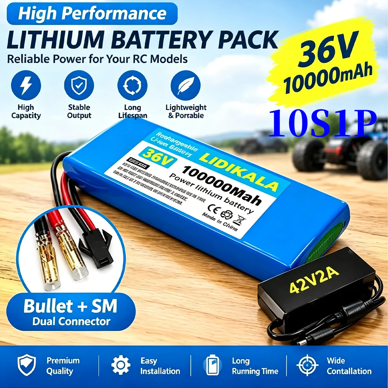Batteria al litio ad alta capacità LIDIKALA 10S1P 36V 100000mAh, pacco batteria agli ioni di litio ricaricabile a lunga durata per biciclette e scooter elettrici, con diverse opzioni di connettore.