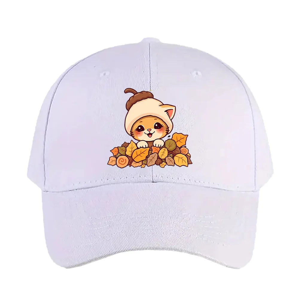 Autumn Cat Acorn Kitten Fall Leaves woman man Adult Casual Baseball cap adjustable with Curved Brim sun protection sun hat