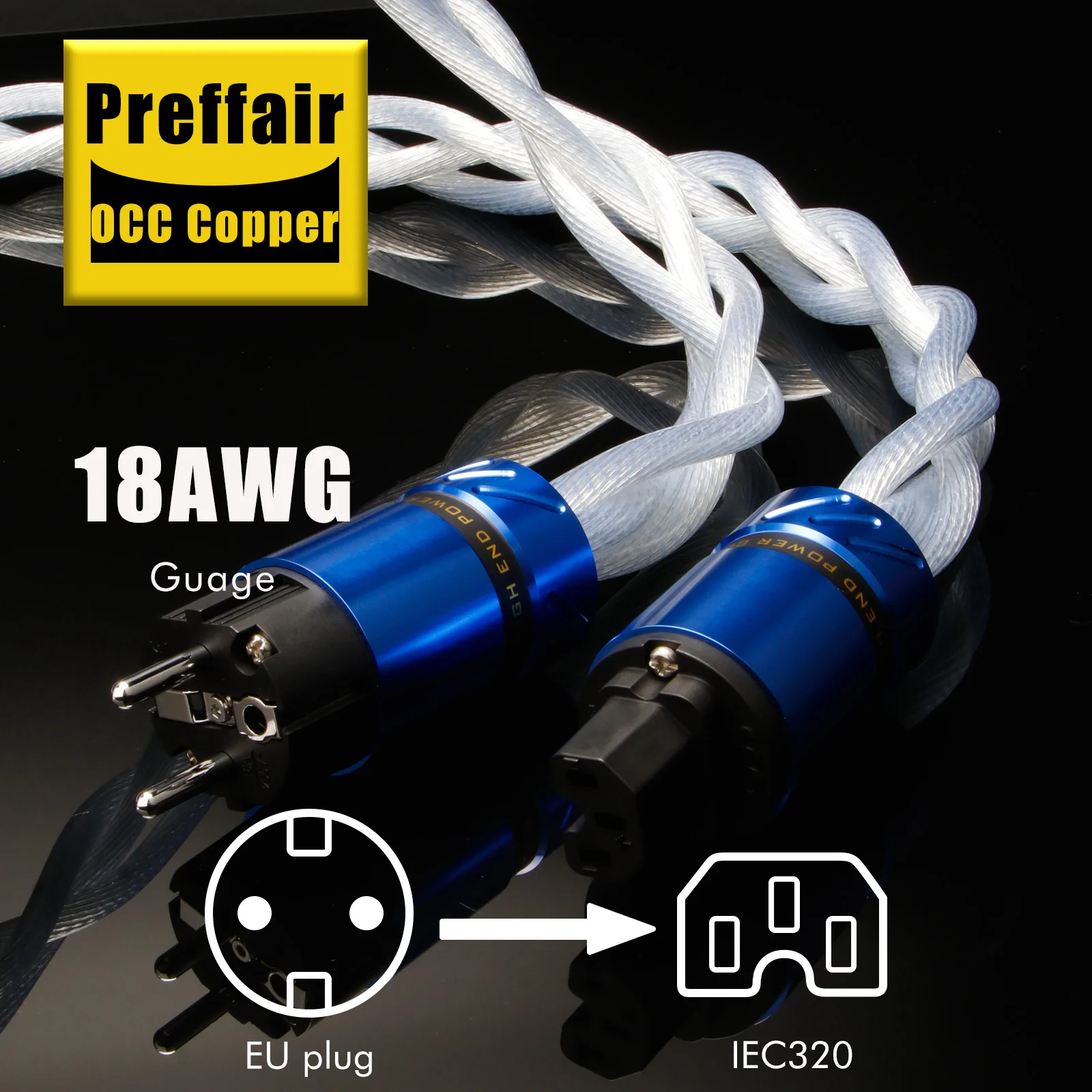Preffair 5N OCC Single Crystal Audio Power Cable with Rhodium Plating Plug for US & EU AC Audiophile HiFi DAC Filter Silver