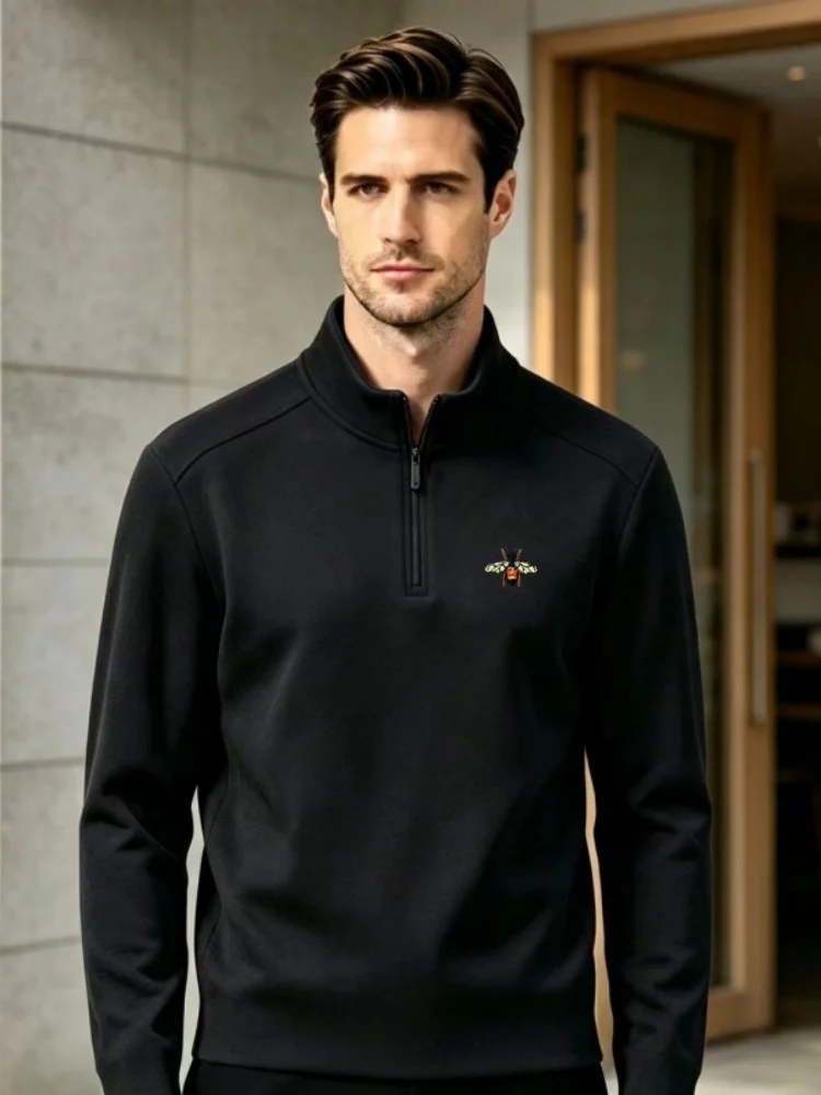 Fashion designer bee embroidered long sleeved exquisite half zipper round neck warm double-sided velvet comfortable mens T-shirt