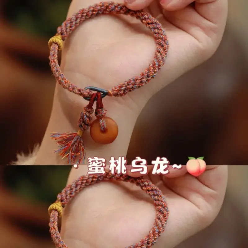 Cuerda colorida de melocotón Oolong, borla de mano, estilo étnico chino Retro, pulsera tejida hermosa para niña, dijes de cera de abeja, joyería