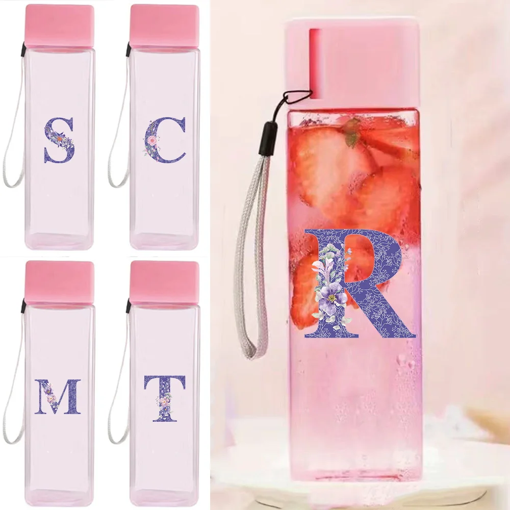 

Large Capacity Sports Water Cup With Rope High Temperature Resistant Leak-proof Milk Water Bottle Purple Flower Letters Pattern
