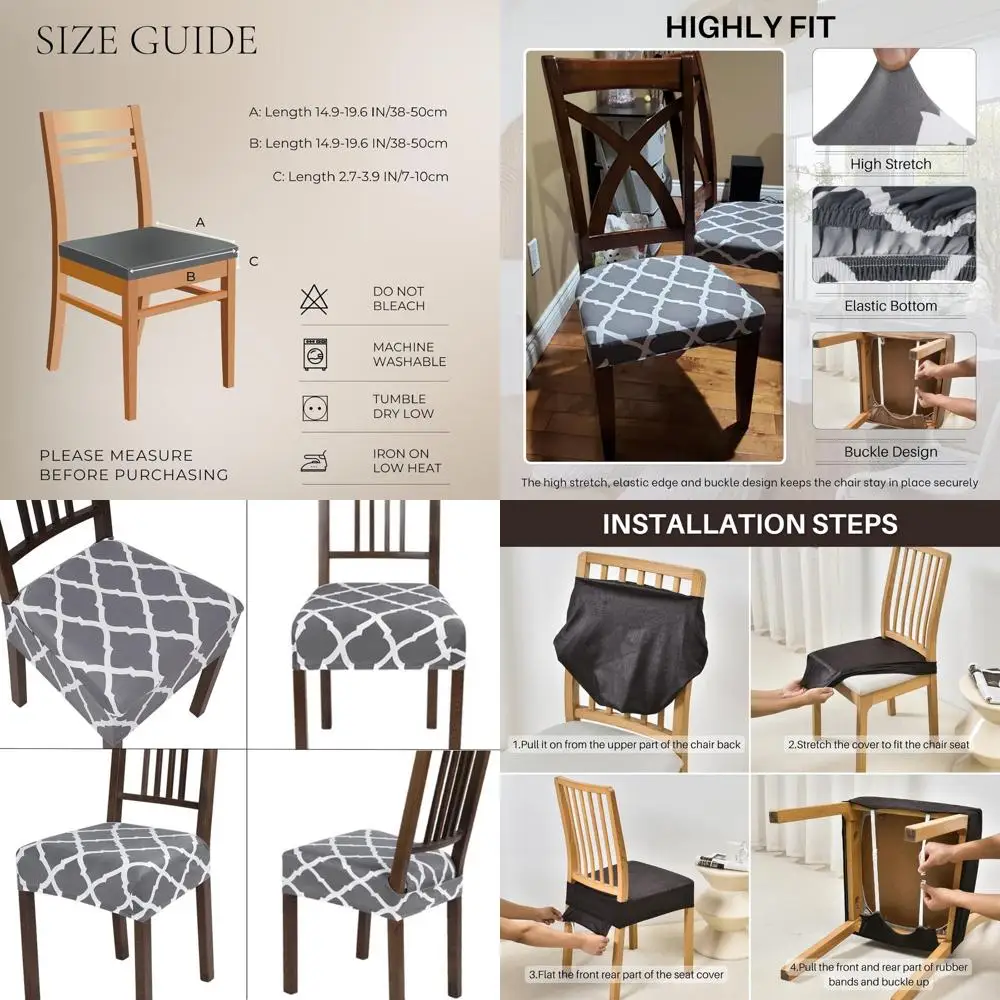 

6-Piece Stretchy Dining Chair Seat Covers - Removable & Washable, Grey Dining Room Seat Protectors (Rear-Covered)