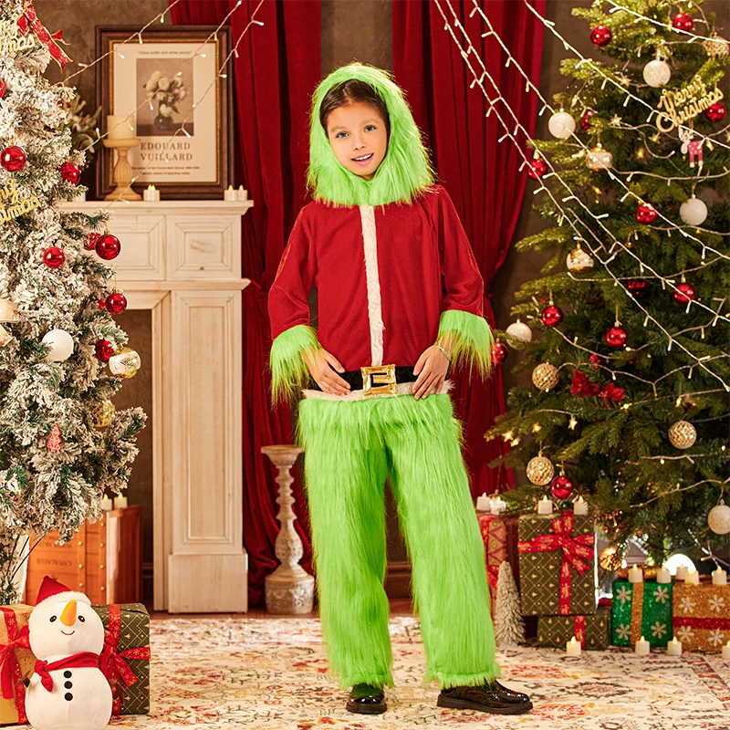 Costume de cosplay de Noël pour petits enfants, monstre à fourrure verte, père Noël à capuche, pantalon flou vert Y, ensemble pour garçons et filles