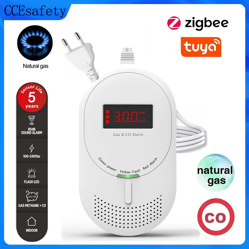 CCEsafety Zigbee Tuya Gas CO Detector Plug in Natural Gas Leak Detector & Carbon Monoxide Detector with LCD Display CE Certified