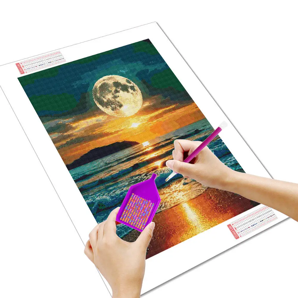 HUACAN Full Kits Diamond Painting Majestic Sunset Beach Under Moon Ocean Scene Rhinestone 5D Diamond Embroidery Kits DIY Art