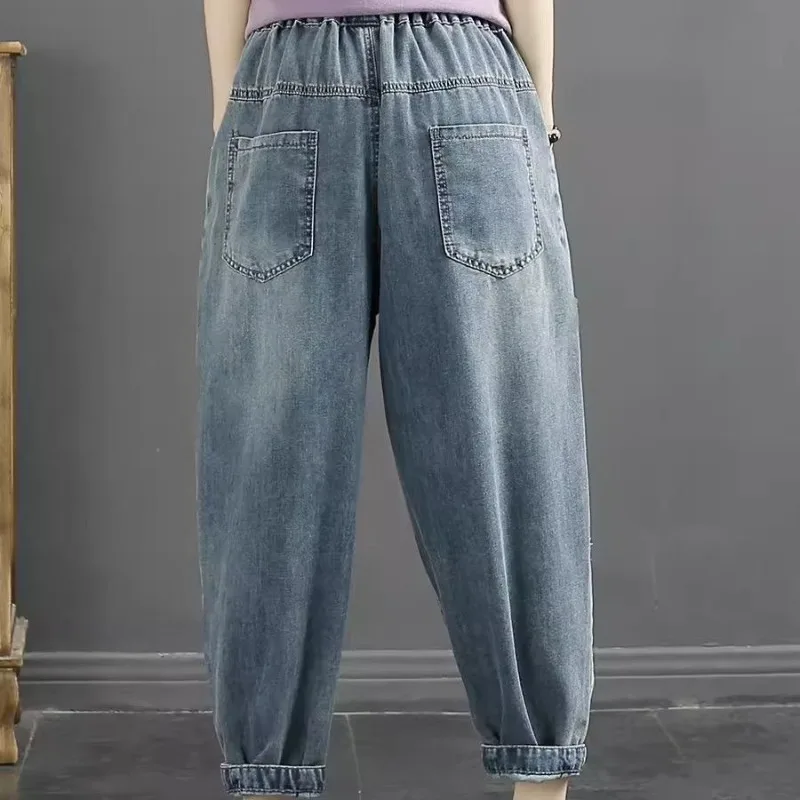 2024 Jeans ricamati candeggiati lavati ad acqua Primavera e autunno da donna Nuovi pantaloni Harlan larghi a vita alta elastici casual retrò