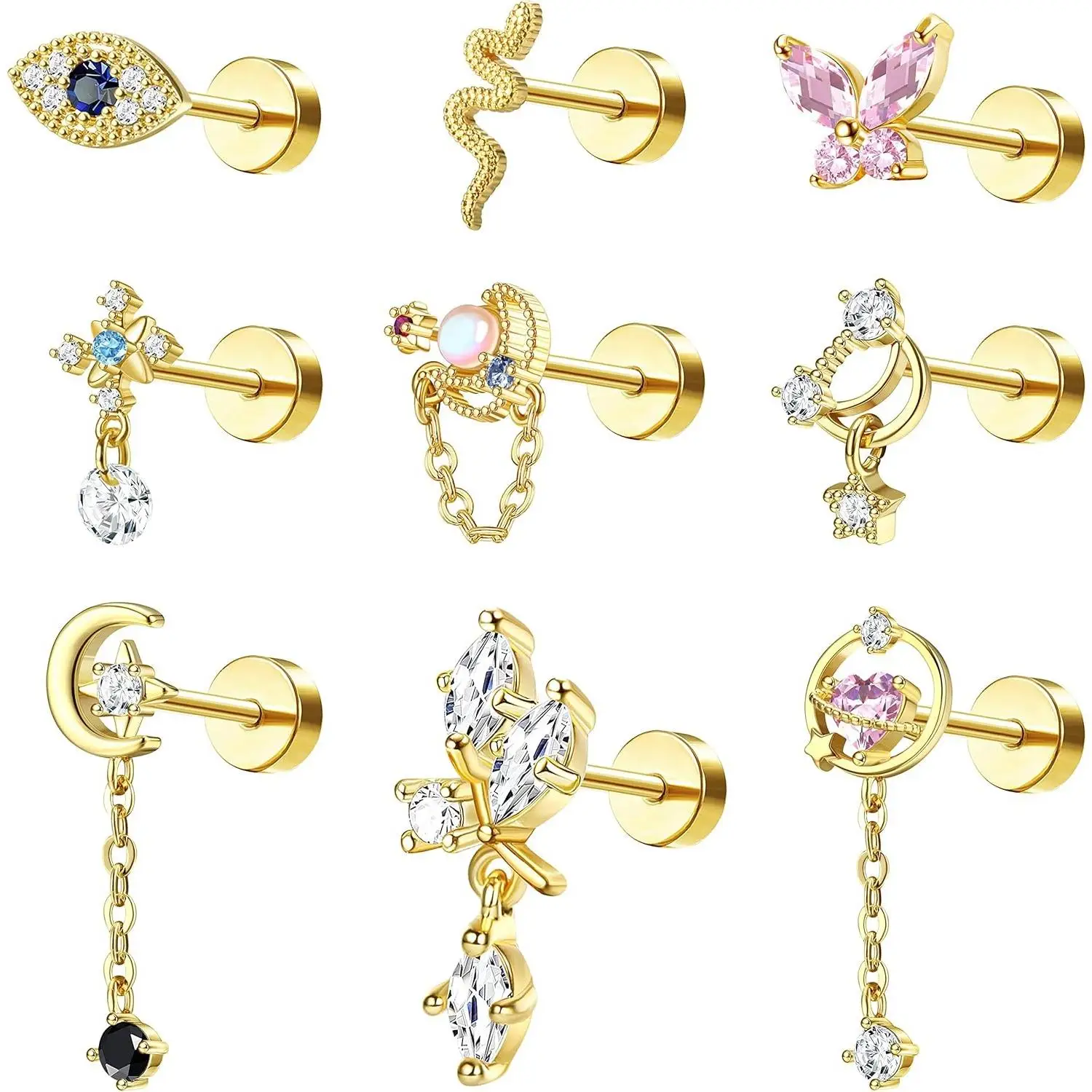 Pendientes de cartílago de acero inoxidable para mujer, 9 Uds., chapados en oro, parte posterior plana, tachuelas de tornillo, corazón rosa, CZ, hélice, joyería para Piercing en el trago