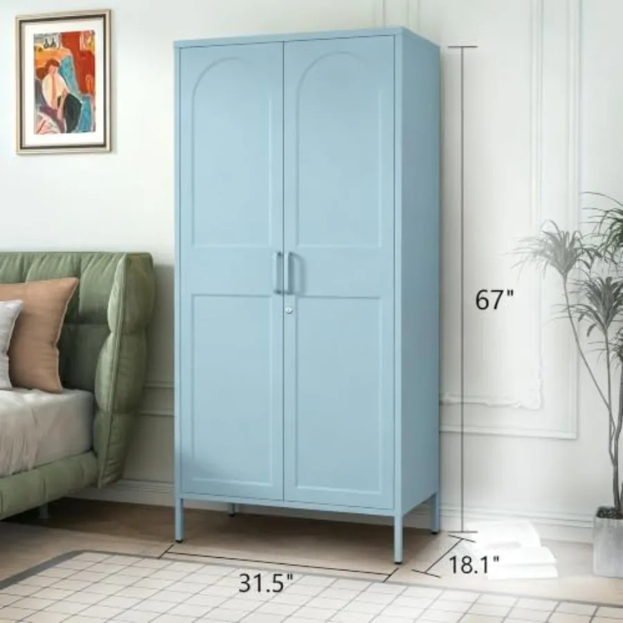 Home office lockable vintage tall metal wardrobe in cold rolled steel, matte black finish, arched embossed doors and raised fee