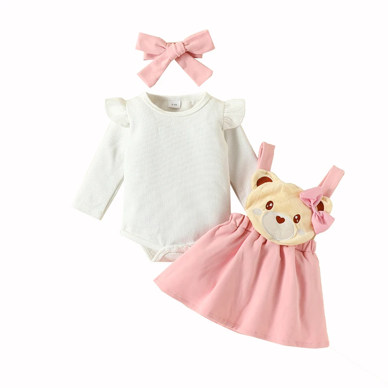 

0-18 Months Baby Girls Clothes Sets Long Sleeve Print Rompers Cartoon Bear Halter Skirt With Bow 3Pcs Infant Suits