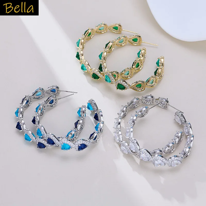 

shiny hoop earrings large circle open C shape blue green white zirconia small heart sweet earrings women