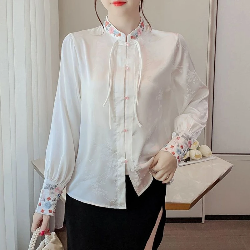 Chiffon Borduurwerk Vrouwen Shirt Lente/Zomer Losse Chinese Stijl Blouses Mode Kleding Lange Mouwen Vrouwen Slanke Top Q105