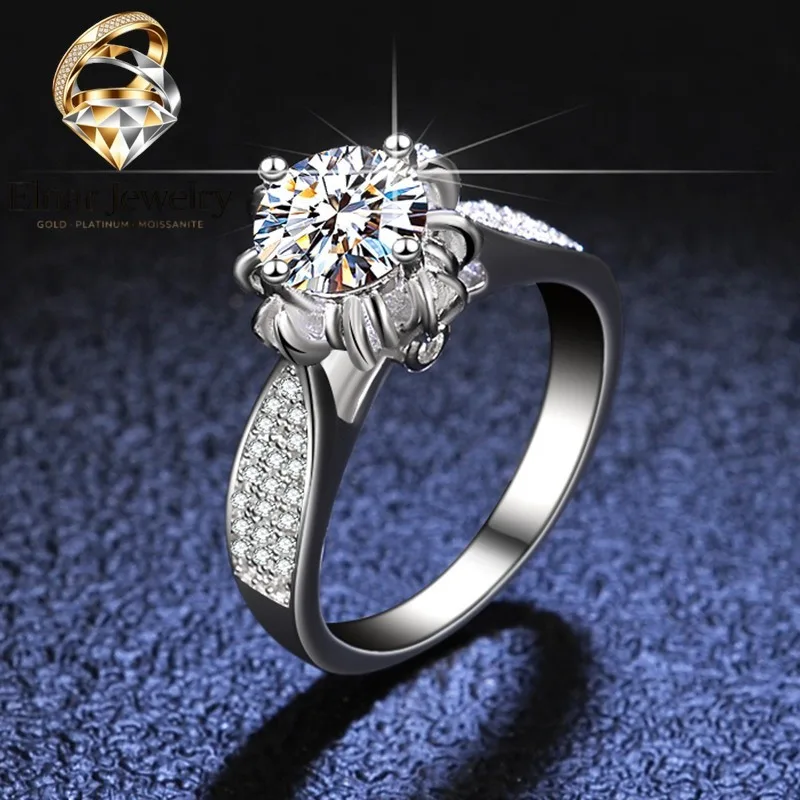 

Elnar Jewelry Women's 1 Carat Moissanite Ring - PT950 Platinum 4-Prong Round Flower Head Cluster Setting, Diamond-Enhancing Lu