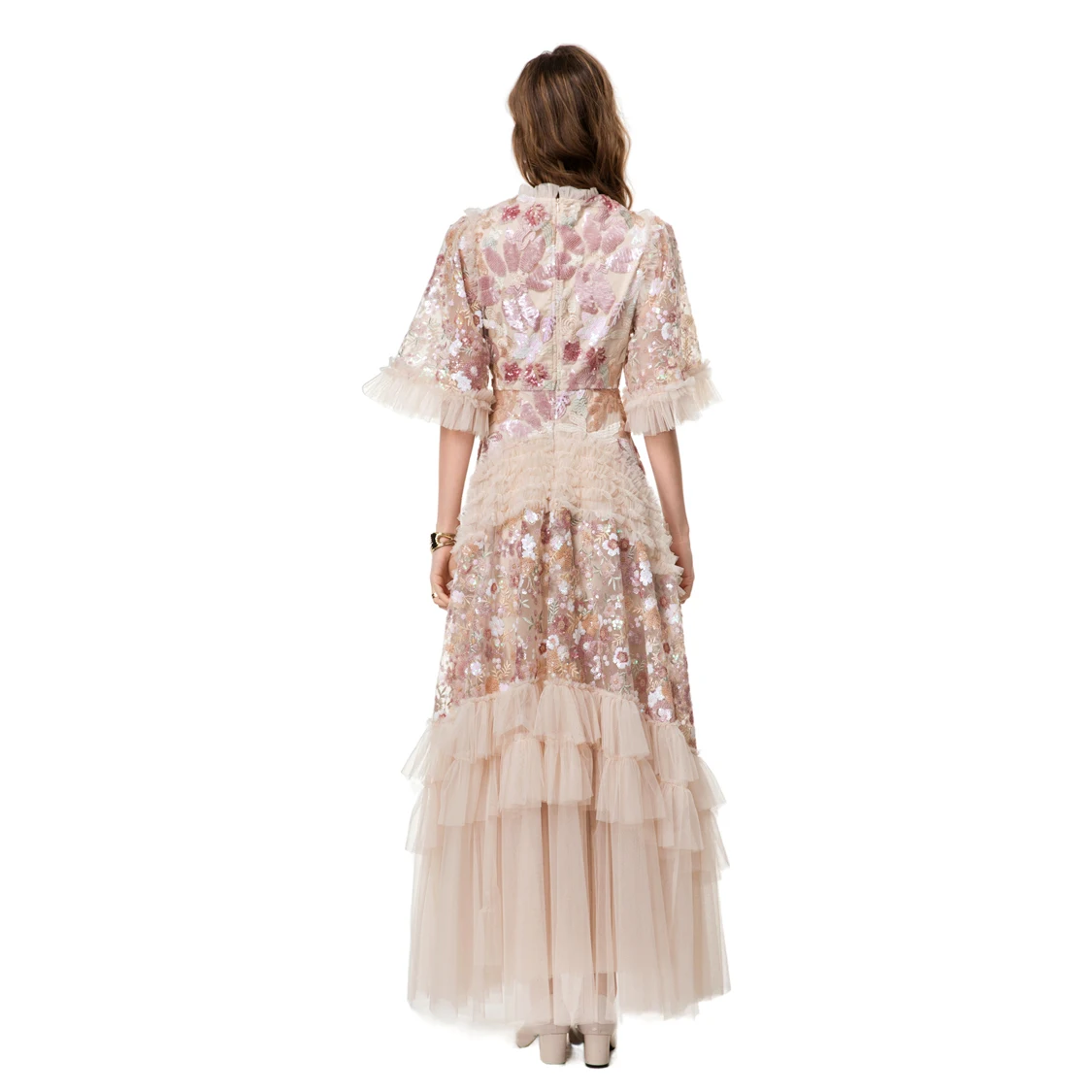 Vestido de mujer con cuello redondo, manga corta, retales florales con lentejuelas, volantes, elegante vestido de fiesta de graduación de diseñador, Maxi Vestidos S- 4XL