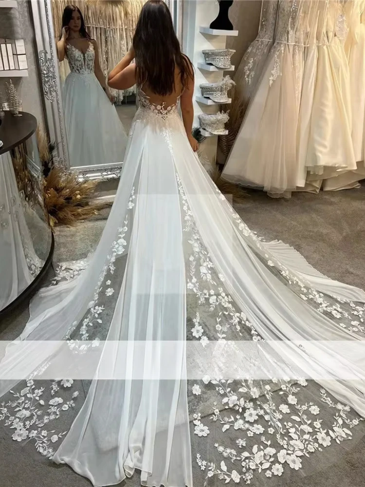 Boho robes De mariée en mousseline De soie col en v Spaghetti sangle appliqué une ligne dentelle robes De mariée Vestido De Novia