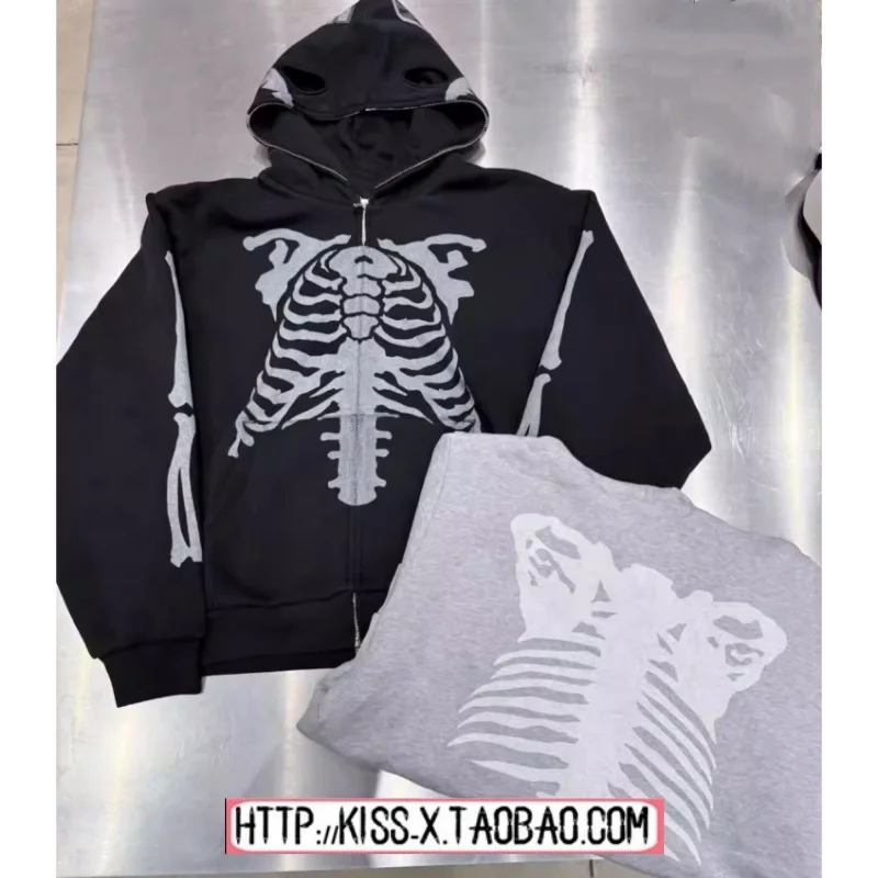 

Washed Skull Bones Loose Fit Hoodie Jacket Couple's Casual Style Long Sleeve Zipper Closure Comfortable Sweatshirt Coat