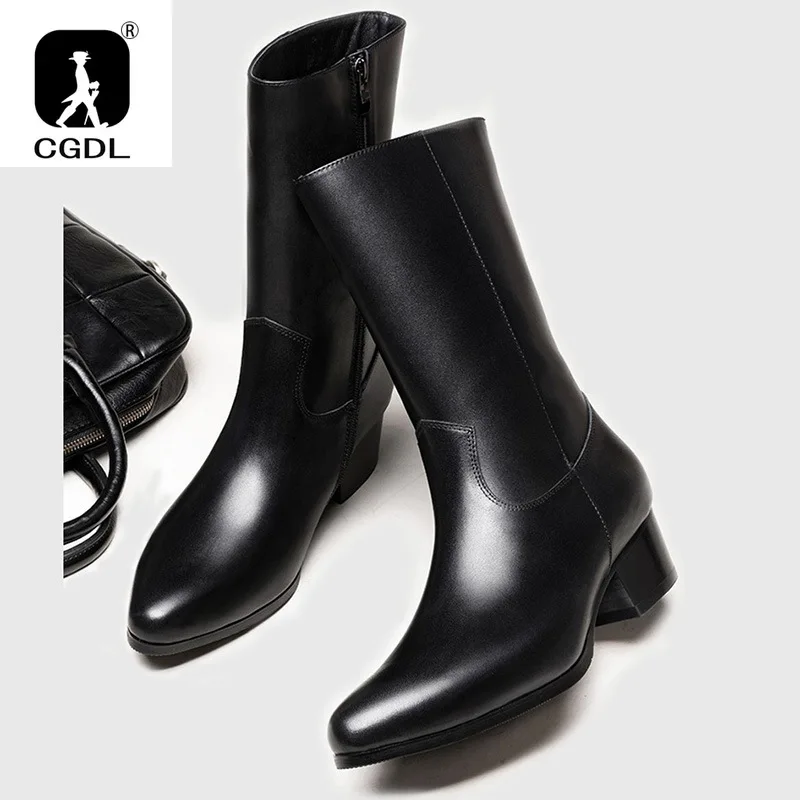 Knee High Warm Mens Boots Luxury Genuine Leather 2024 Spring New Style Black Fur Shoes High Heel with Side Zipper Social Suit