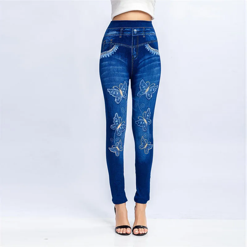 Cross-Border Super Popular Wish Heat Sale New Butterfly Print Ultra-Elastic Nine-Piece Denim Look Leggings Women's Trousers