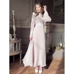 Women Dress Solid Long Dresses Mock Neck Full Flare Sleeve Party Casual Slim Fit Tight High Waist Vestidos Elegant Hip Wrap