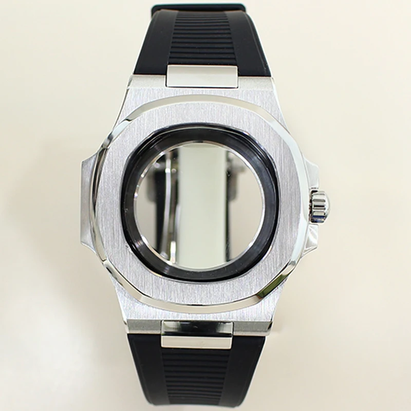 40mm Silver Watch Case Rubber Strap Sapphire Glass For Mod Nautilus NH35 NH36 NH38 NH70 Movement Fit 30.5mm NH35 Dial glass back
