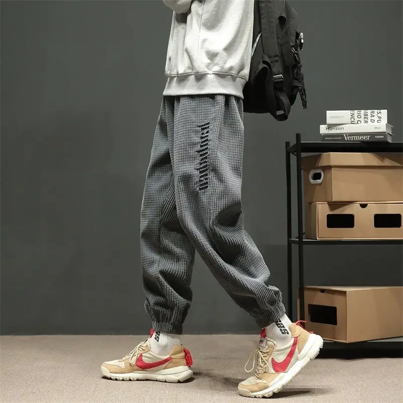 Spring New Men's Clothing Waffler Loose Oversized Casual Hip Hop Corduroy Foot Binding Movement Solid Color Spliced Pocket Pants