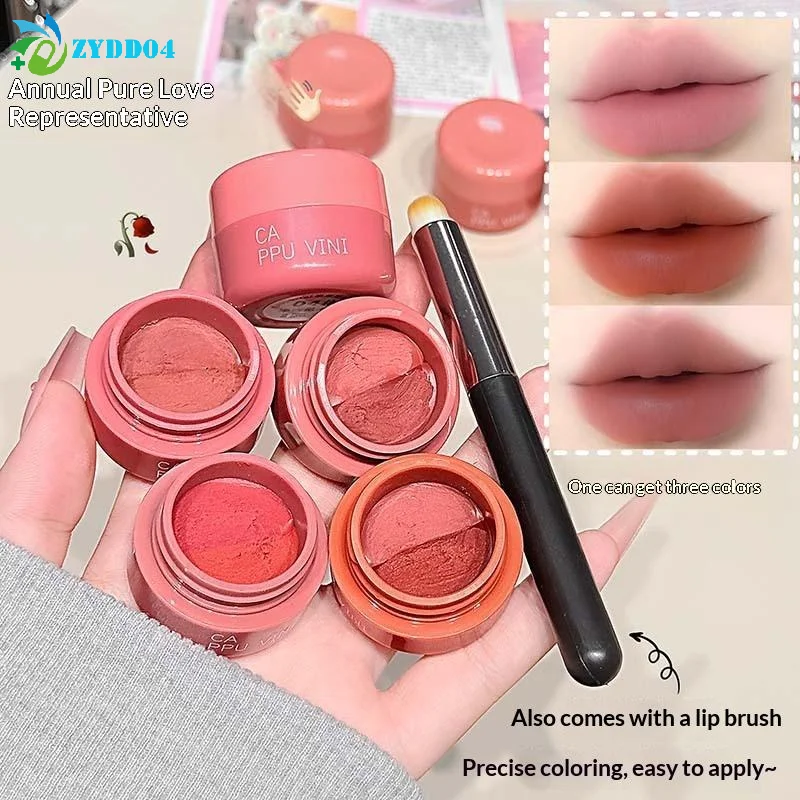 1 szt. Cappuvini Kremowy Błotny Błyszczyk w Puszce Długotrwały Wodoodporny Szminka i Kremowy Róż do Policzków z Pędzelkiem do Ust - Rozjaśniający Zestaw do Makijażu