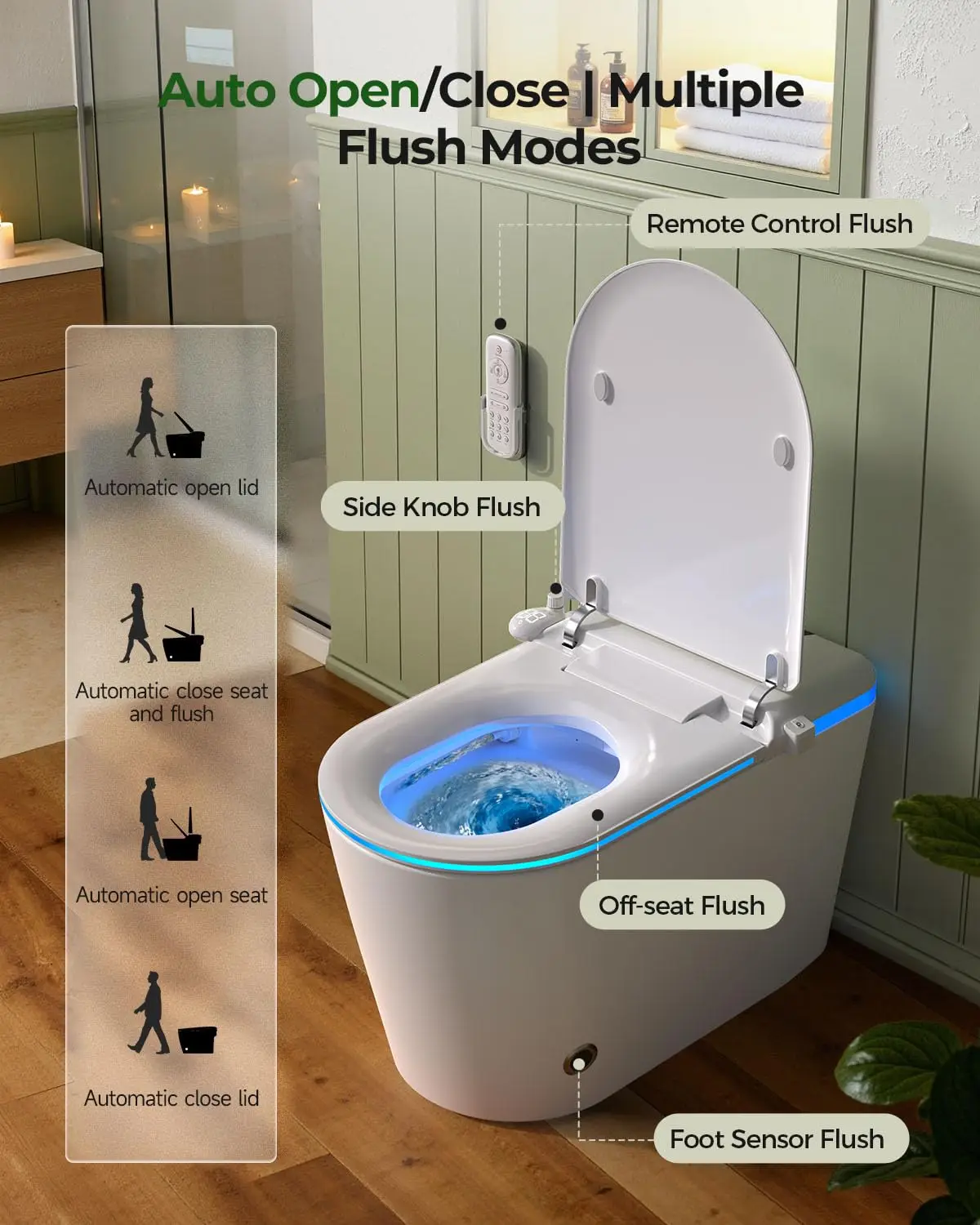 Nordic Smart Toilet with Bidet Built-in, Auto Open Close Lid Tankless One Piece Toilet, ADA Chair Height, 1.28 GPF, Customized