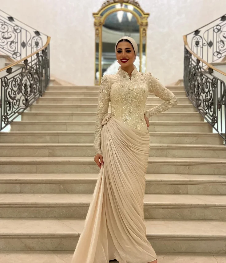 

Champange Muslim Caftan Evening Formal Dresses Hijab Lace Floral Long Sleeve Ruched Chiffon Middle East Prom Gown Customsized