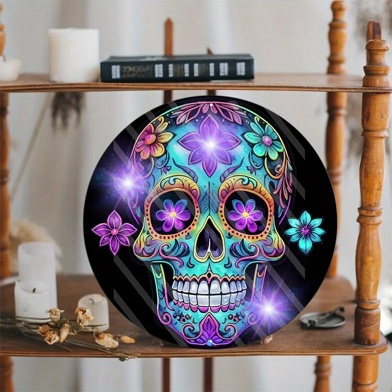 Round Aluminum Skull Wreath, Decorative, Durable,UV Protection, Scratch, Wall Art, Home Decor, 8x8 Inch, 20x20 cm, 1Pc