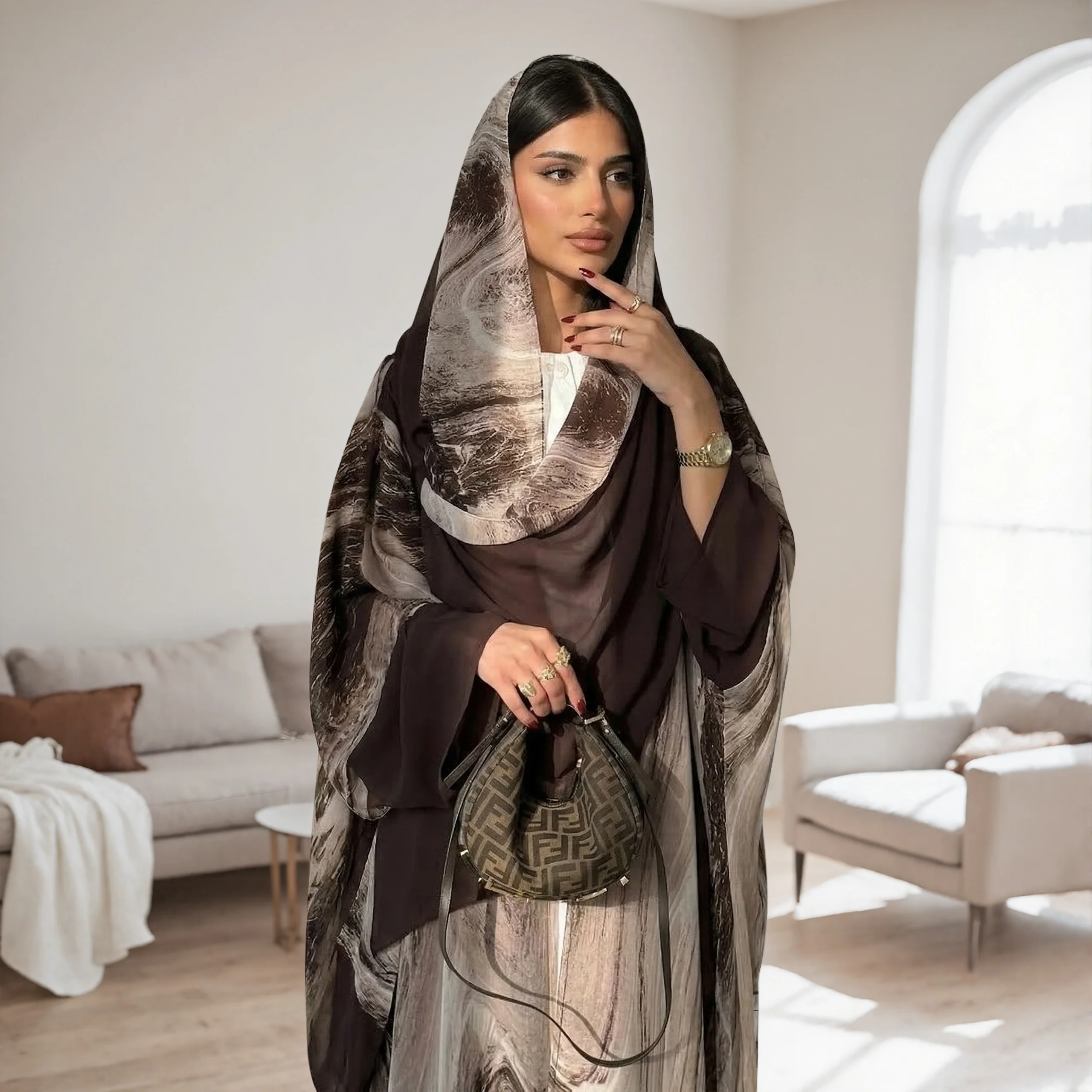 Abaya Chiffon Print 2pcs Set | Muslim Women Casual Open Front Long Kaftan with Matching Hijab