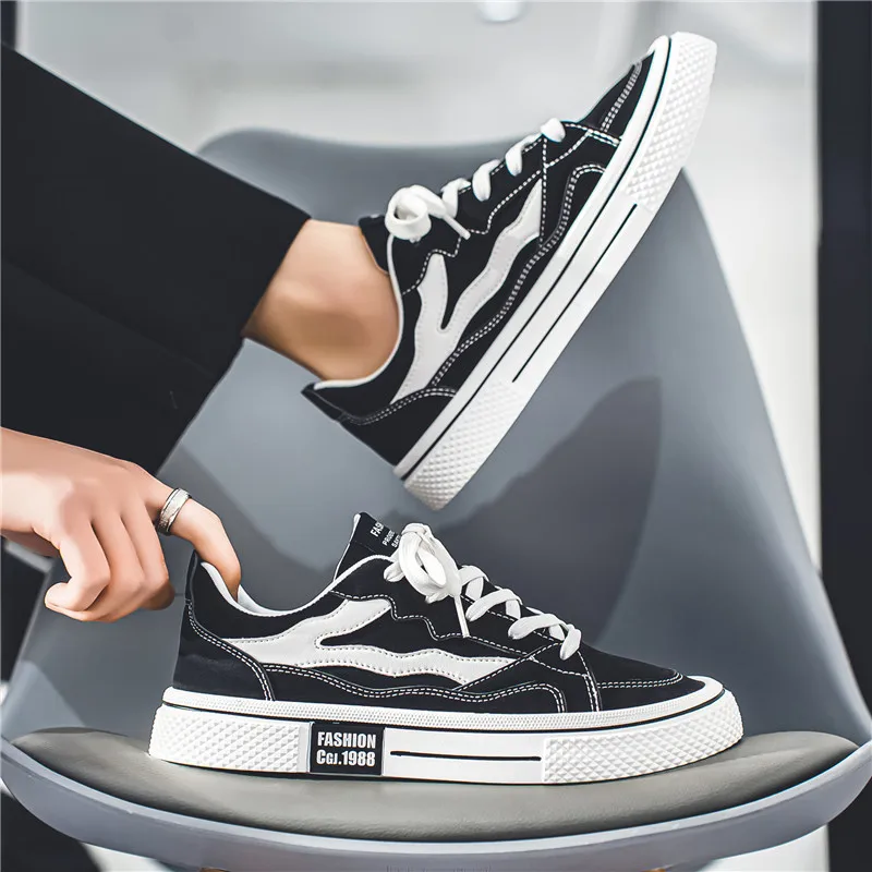 Baskets Classiques en Toile Noire pour Homme, Chaussures Canisées à Lacets, Respirantes, Rouges, pour Skateboard, Espadrilles