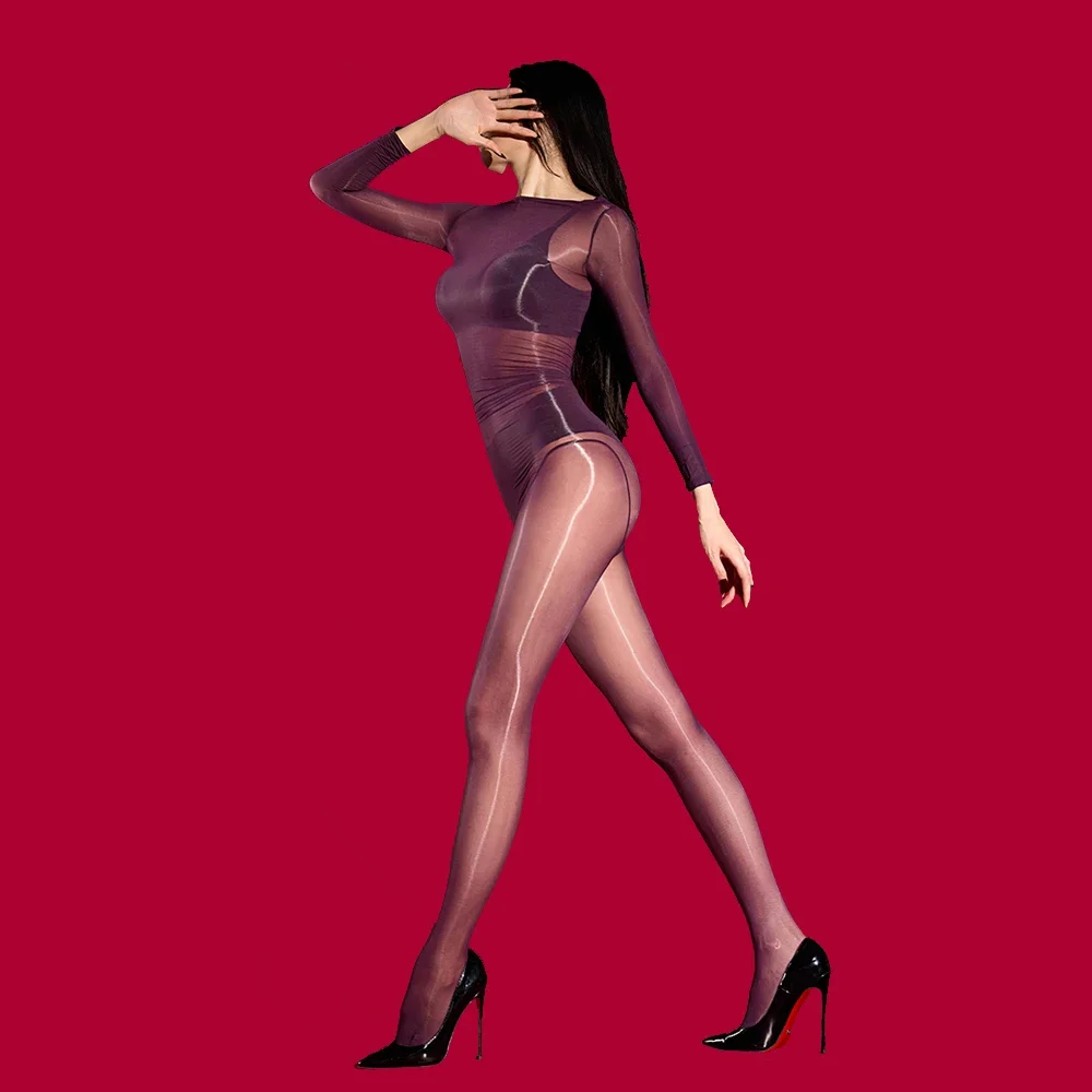 Women 100Kg Plus Size Bodysuits Thin Oil Glossy Shiny See Through High Elastic Tights Full Body Stockings Shaping Maid Jumpsuits