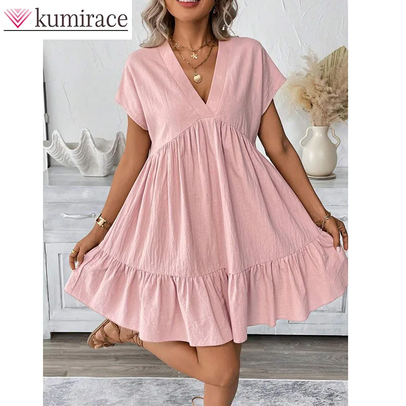 

Women's Dress 2026 Summer Vacation Style Is Over, Ruffle Edge V-neck Solid Color Loose Short Skirt Dresses for Women Dress