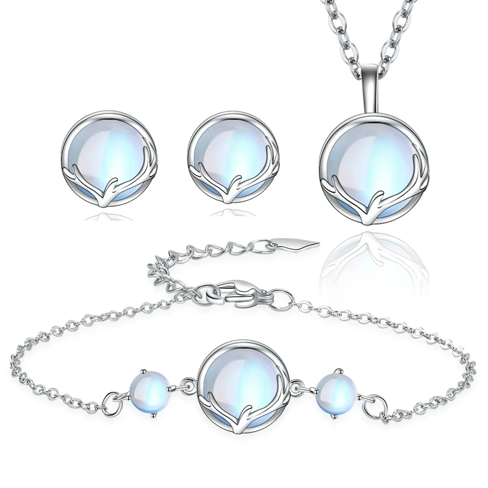 Gorąca sprzedaż poroża Moonstone zestawy biżuterii ze srebra próby 925 Sterling bransoletka naszyjnik kolczyki dla nowożeńców biżuteria ślubna dla kobiet prezent
