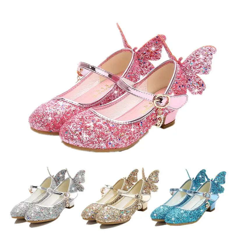 Princess Butterfly Leather Shoes Kids Diamond Bowknot High Heel Children Girl Dance Glitter Shoes Fashion Girls Party Dance Shoe