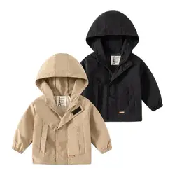 Autumn Little Boy Windbreaker Jacket Solid Long Sleeve Zipper Toddler Boy Hoodie Drawstring Hem Casual Infant Boy Outerwear Coat